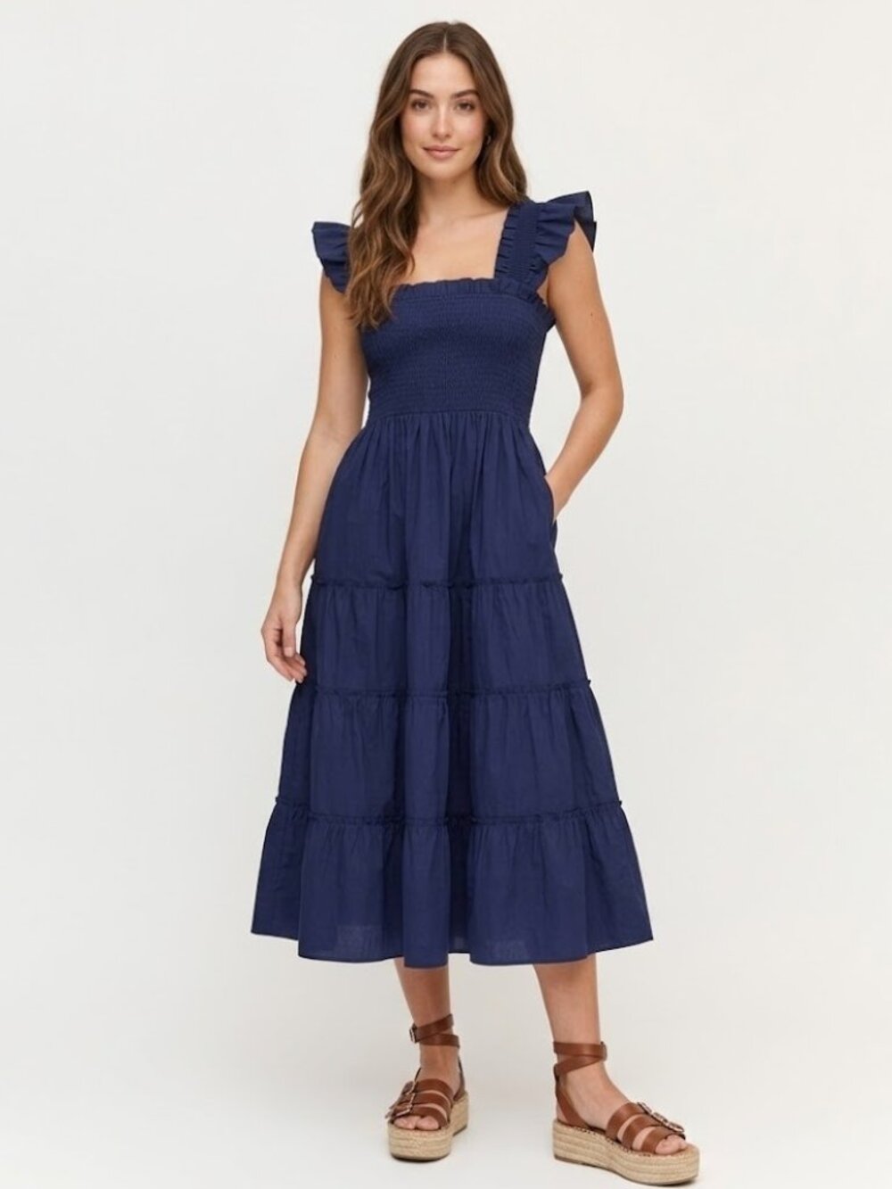 NWT Hill House Ellie Nap in Navy Blue Poplin Cotton Smocked Tiered Midi Dress XS